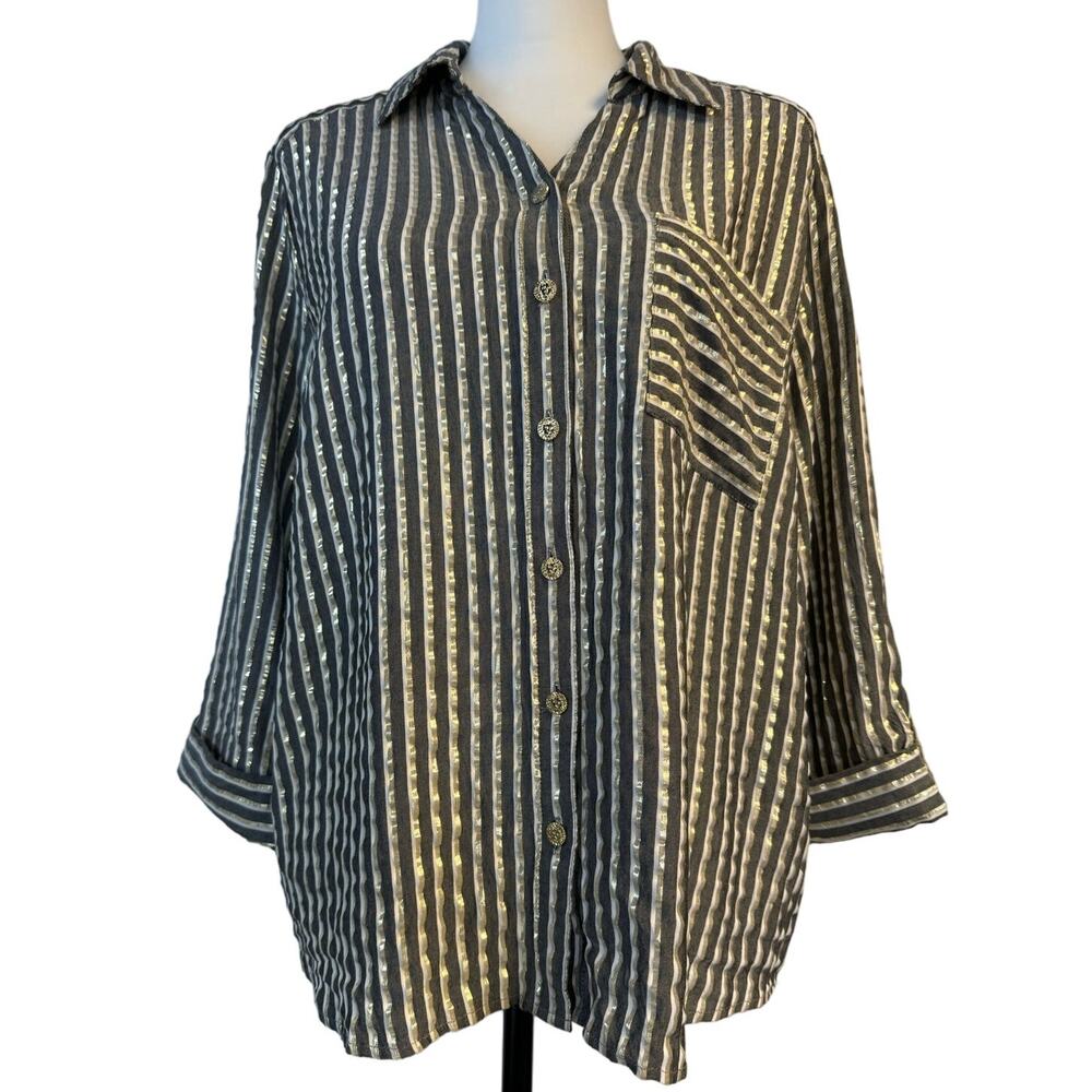 Anne Klein Black and White Striped Button-Up Blouse